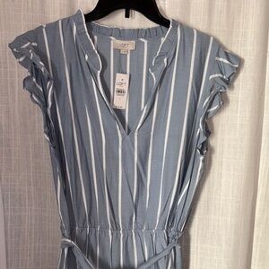 LOFT Blue and White Ruffled Tie Front Sundress